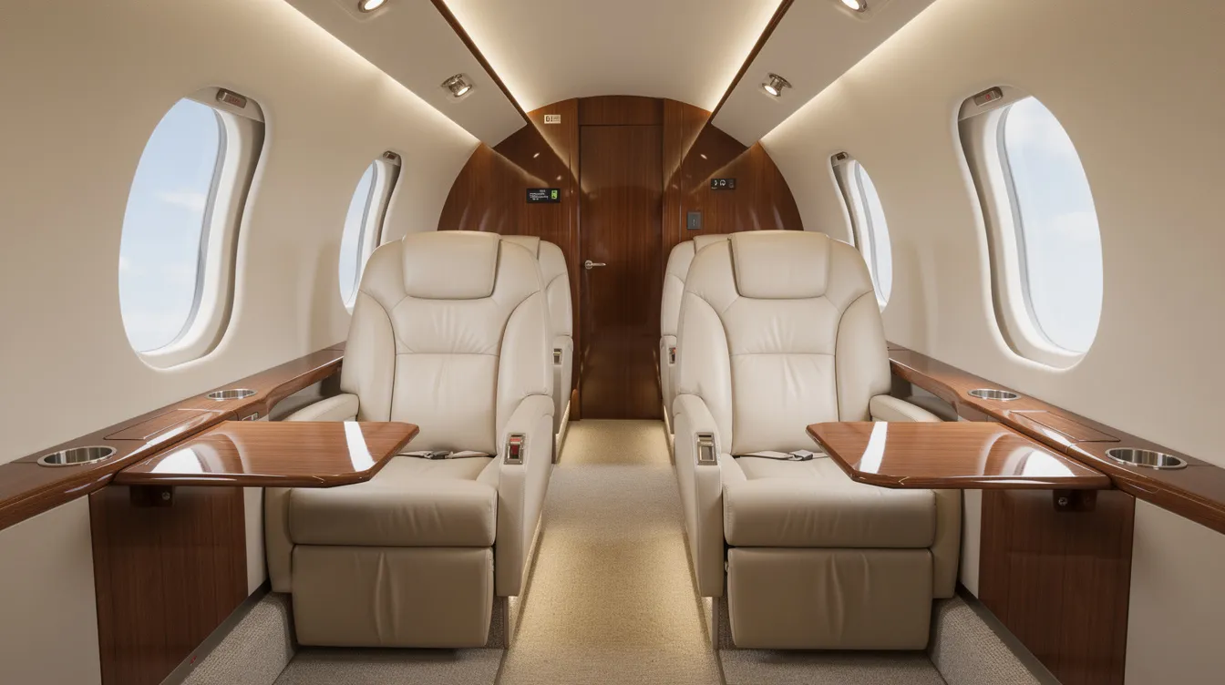 The image showcases the interior of a midsize private jet cabin, featuring luxurious cream leather seats and elegant polished wood accents, epitomizing the comfort and style associated with private jet travel. This sophisticated setting highlights the amenities offered by private jet charter services, making it an ideal choice for those seeking a premium flying experience.