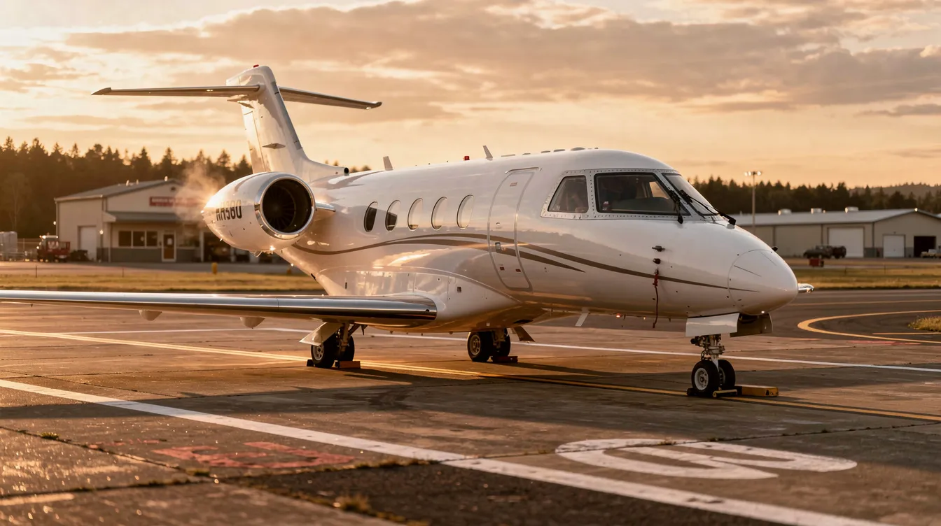 A sleek light jet is parked on the tarmac of a small regional airport, bathed in the warm glow of golden hour. This image captures the essence of private jet travel, highlighting the elegance and accessibility of private jet charter services at smaller airports.