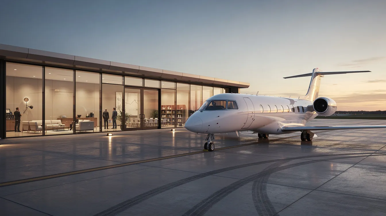 The image depicts a private jet terminal featuring a single aircraft parked on the ramp, with a glass-walled lounge visible that has minimal crowds, suggesting a serene environment for private jet travel. This scene highlights the exclusivity and comfort associated with private jet charter services.