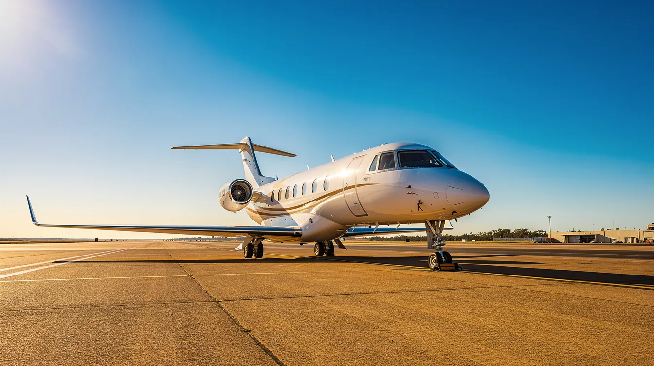 A sleek private jet is parked on a sunlit tarmac under a clear blue Australian sky, showcasing its luxurious interiors and spacious cabins, ready for private flights to major cities like Sydney or Melbourne. The scene highlights the convenience and comfort of private jet charter services, ideal for travelers seeking personalized service and flexible itineraries.