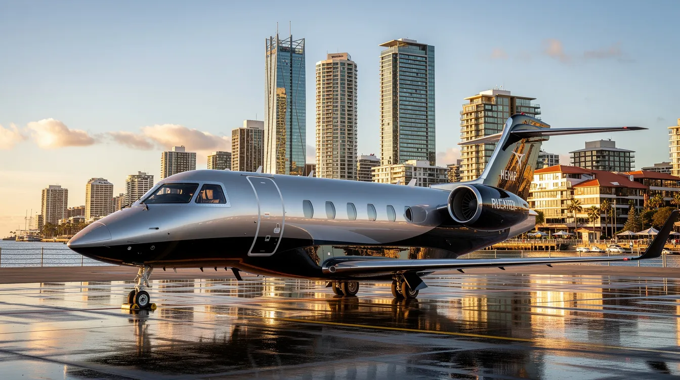 A sleek private jet is parked against a stunning backdrop of a major Australian city, with the iconic Sydney Opera House visible in the distance. This image captures the essence of luxury private aviation, showcasing the convenience and comfort of private jet charter flights.