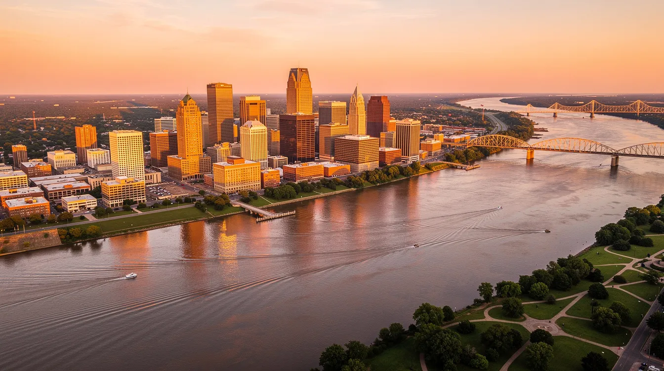 An aerial view captures the stunning Memphis skyline illuminated by the warm glow of the golden hour, with the Mississippi River flowing gracefully alongside. This picturesque scene highlights the city's vibrant downtown and iconic landmarks, making it an ideal destination for private jet travel and charter flights.