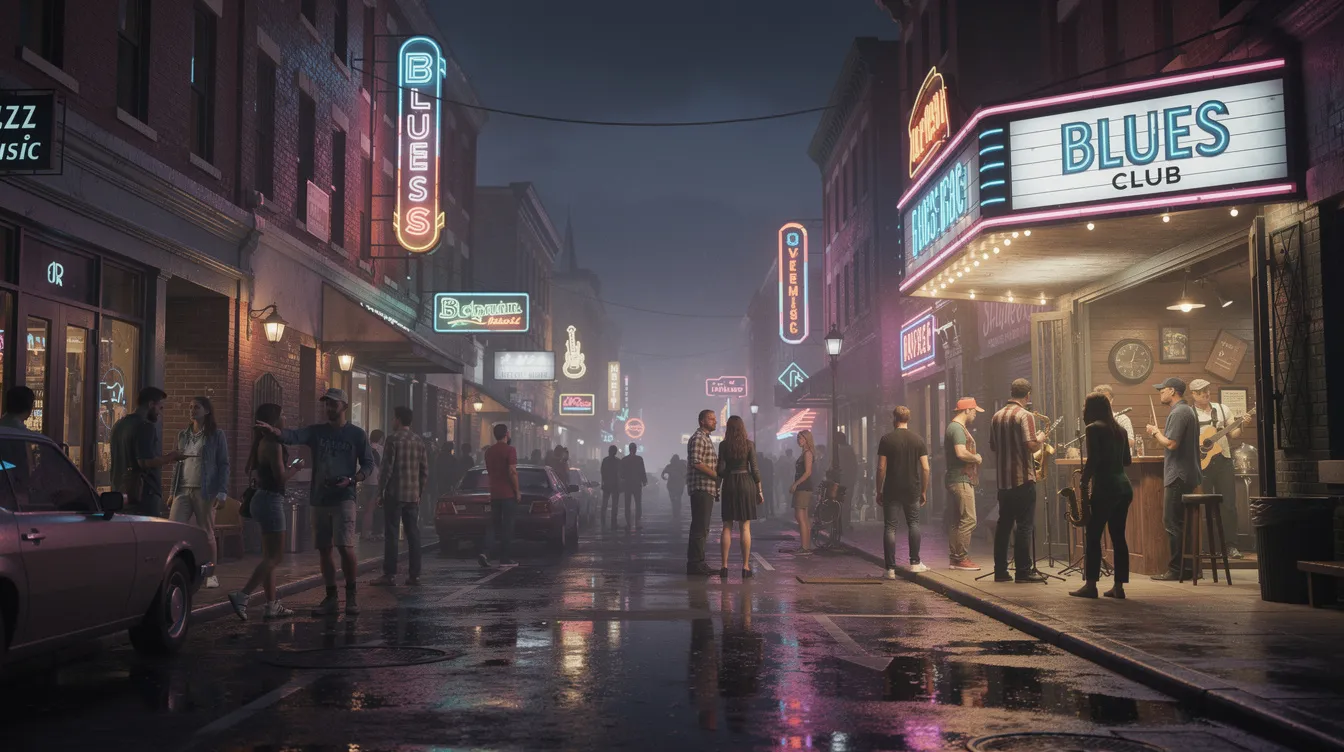 The image depicts a vibrant neon-lit street at night, bustling with crowds outside live music clubs that evoke the lively atmosphere of a blues district in Memphis. The scene captures the essence of nightlife in downtown Memphis, where legendary artists have performed, making it a hotspot for private jet travel enthusiasts looking to experience the city's rich musical heritage.