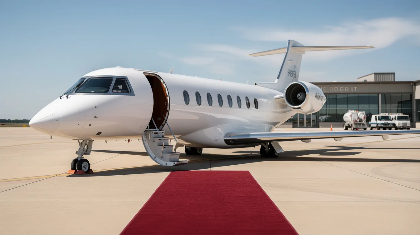 A sleek private jet is parked on the tarmac at a small airport FBO, featuring an open cabin door and a red carpet leading to the steps, inviting passengers for a luxurious private flight experience. This setting highlights the elegance of private aviation, perfect for those seeking available empty leg flights or private jet travel.