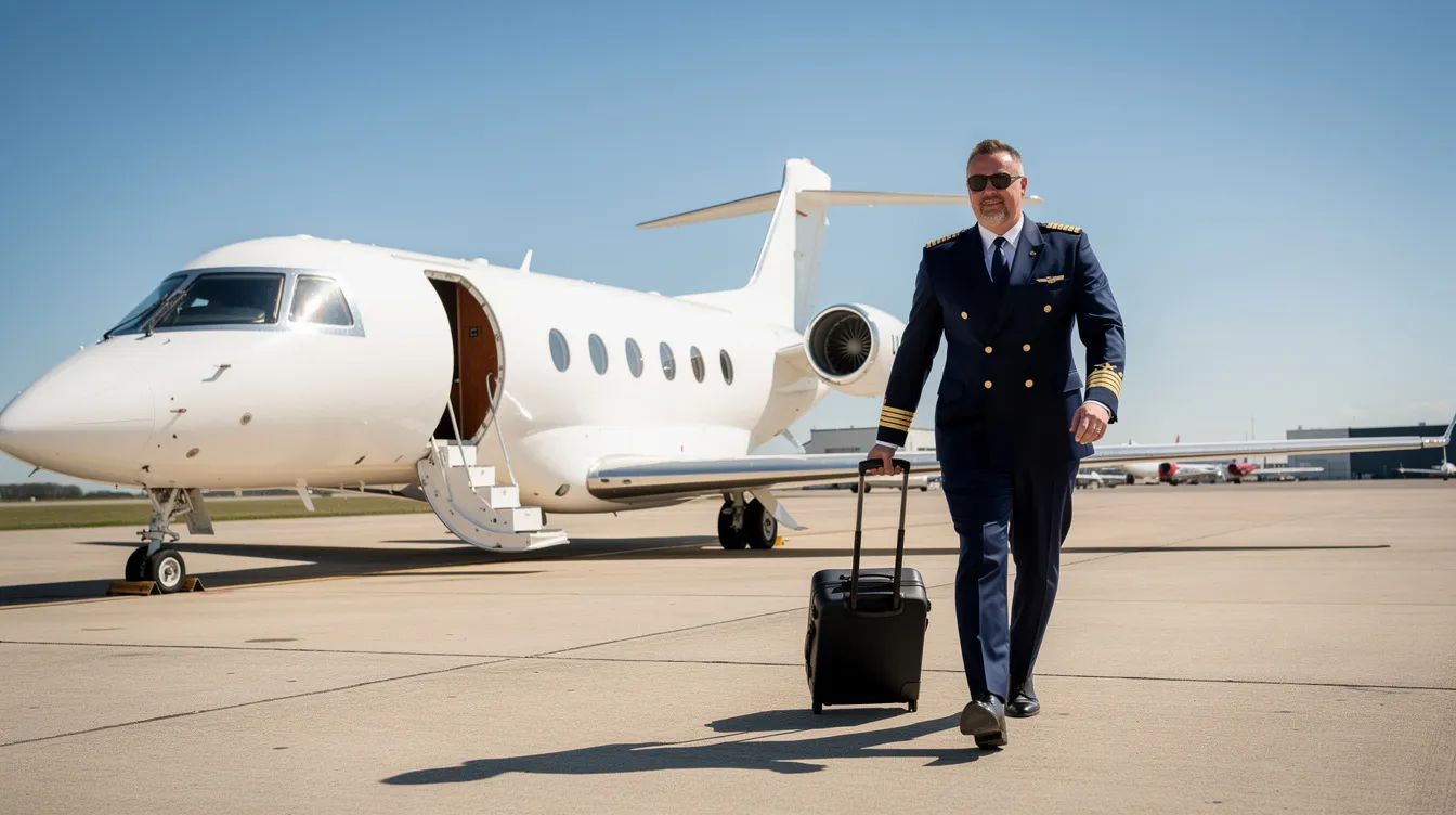 A professional pilot in uniform walks confidently alongside a sleek private jet on a sunny tarmac, showcasing the elegance of private aviation. This scene captures the essence of luxury travel and the convenience of private jet flights, ideal for those considering options like empty leg flights or private jet charters.