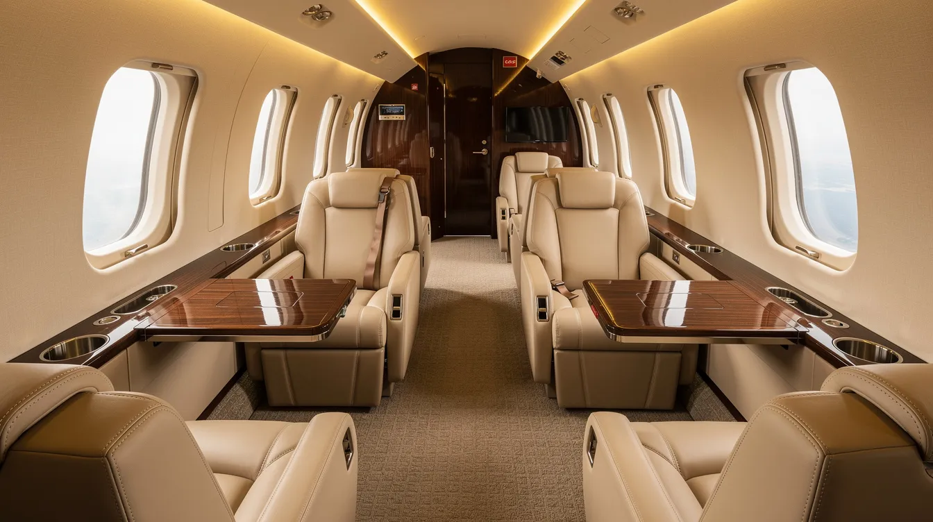 The image depicts the interior of a luxurious midsize private jet cabin, featuring cream leather seats arranged in a comfortable layout under warm ambient lighting. This elegant space is designed for private aviation, offering a serene environment for travelers seeking a premium flying experience.