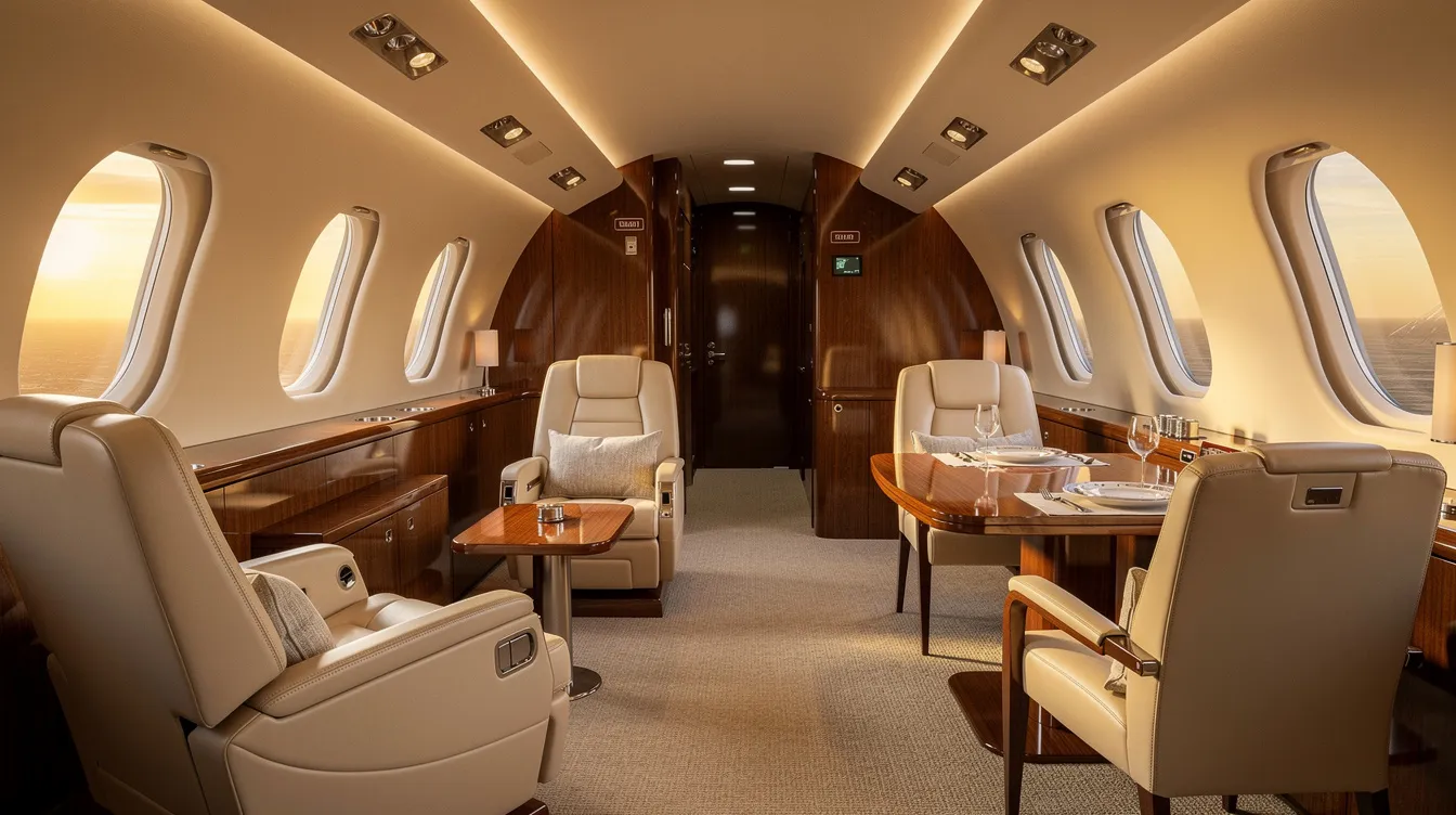 The image depicts the interior of a spacious large-cabin private jet, featuring warm ambient lighting and cream leather seats arranged in both lounge and dining configurations, perfect for a private jet birthday party or a surprise birthday getaway with family members. The luxurious setting emphasizes the comfort and exclusivity of private jet travel, making it an ideal choice for memorable celebrations.