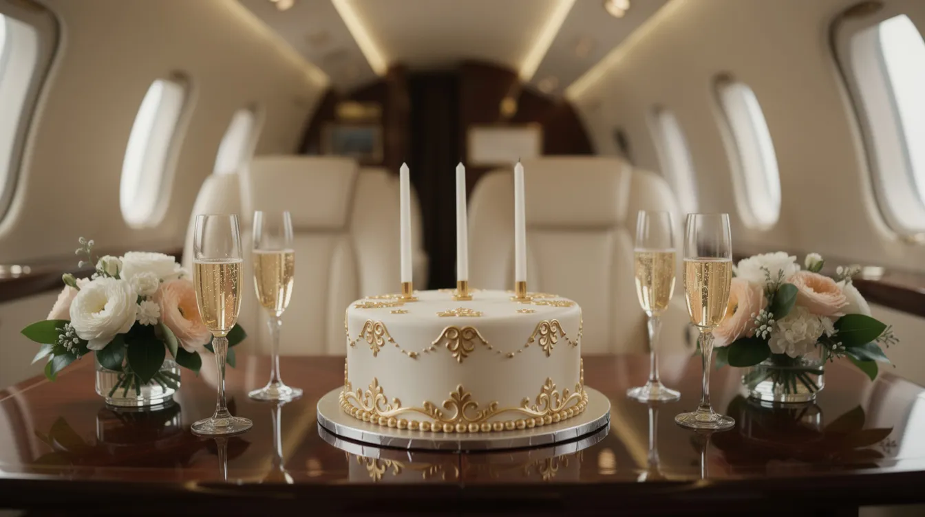 An elegant birthday cake with gold detailing sits on a polished table inside a private jet cabin, surrounded by sparkling champagne flutes and fresh flowers, creating a luxurious atmosphere for a private jet birthday party. This setting offers a memorable experience for family members celebrating a special occasion in style.