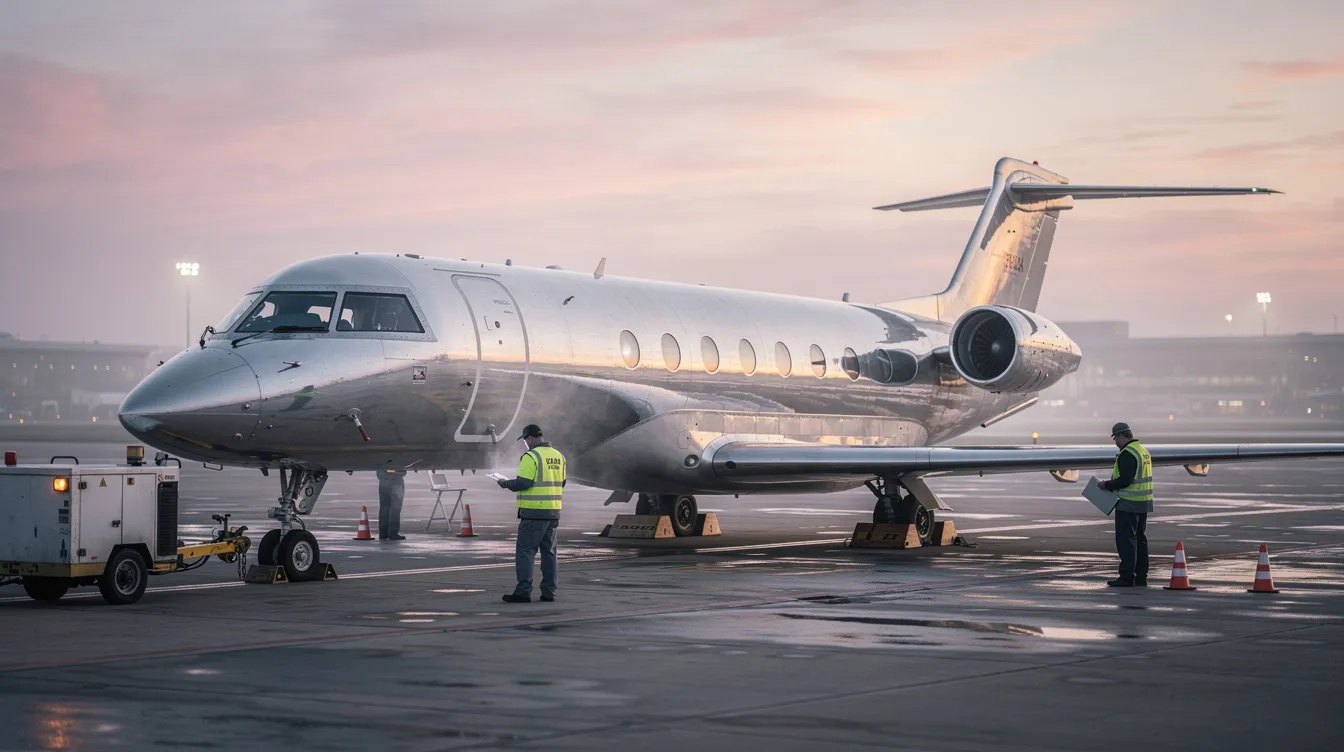 A vintage Gulfstream III business jet is parked on a tarmac at dawn, with ground crew members nearby preparing for departure. The aircraft features a stretched fuselage and is designed for eight passengers, showcasing the elegance of private aviation.