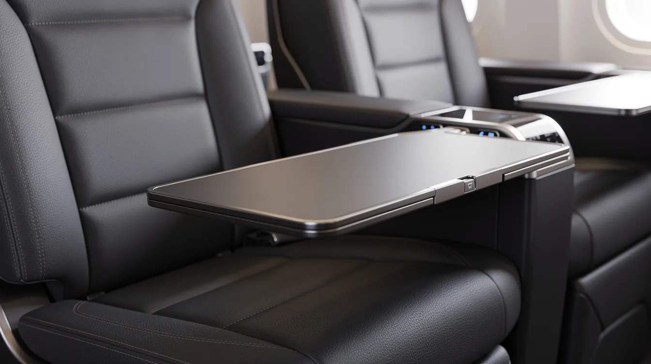 A close-up view of a premium airline seat showcases its luxurious leather upholstery, with the armrest tray table folded down, highlighting the seat's width and comfort features. This first class seat, designed for regional flights, offers a glimpse of the in-flight entertainment options and in-seat power, ensuring a fantastic flying experience.