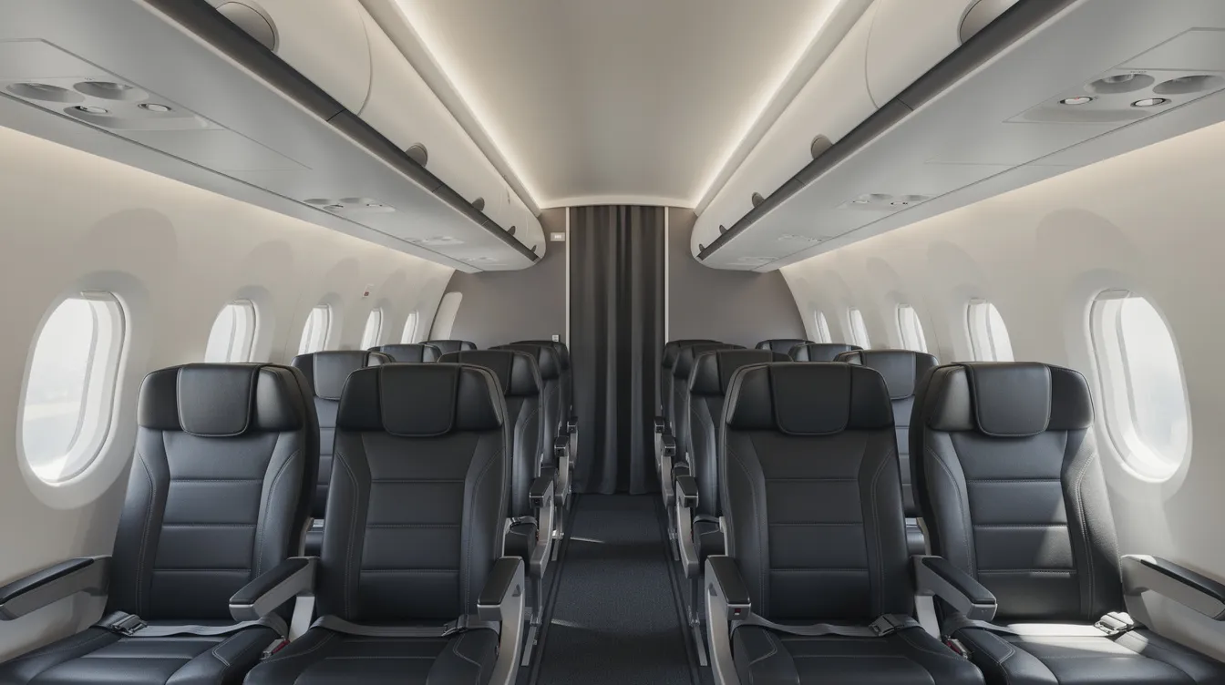 The image shows the interior of a modern regional jet cabin, featuring rows of leather seats arranged in a 2-2 layout with spacious overhead bins. This economy class setting includes amenities like in-flight entertainment and in-seat power, ideal for passengers on regional flights with airlines such as SkyWest and Delta Connection.