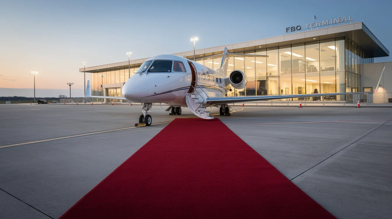 A small private jet is parked at an FBO terminal, with a luxurious red carpet leading to the stairs, inviting passengers to board. The scene conveys a sense of exclusivity and comfort, typical of first class travel experiences.