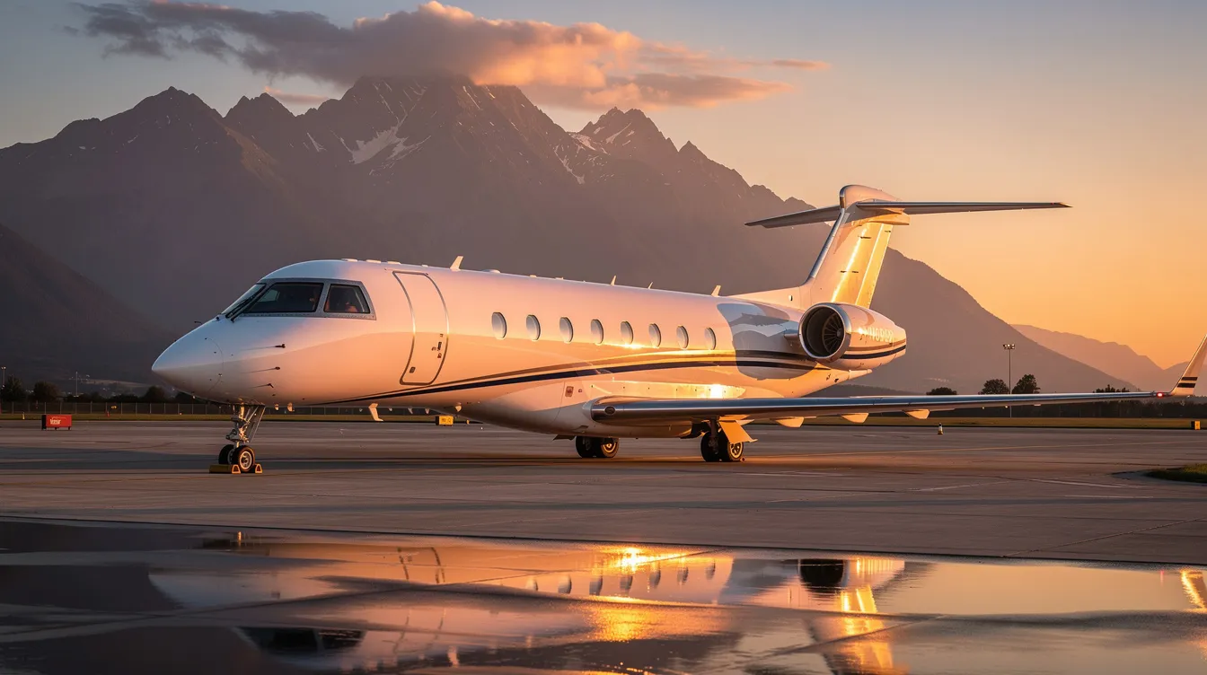 A sleek Embraer executive jet is parked on a tarmac during golden hour, with stunning mountains in the background, highlighting the elegance of business aviation. The warm light casts a golden hue over the aircraft, emphasizing its modern design and performance features.
