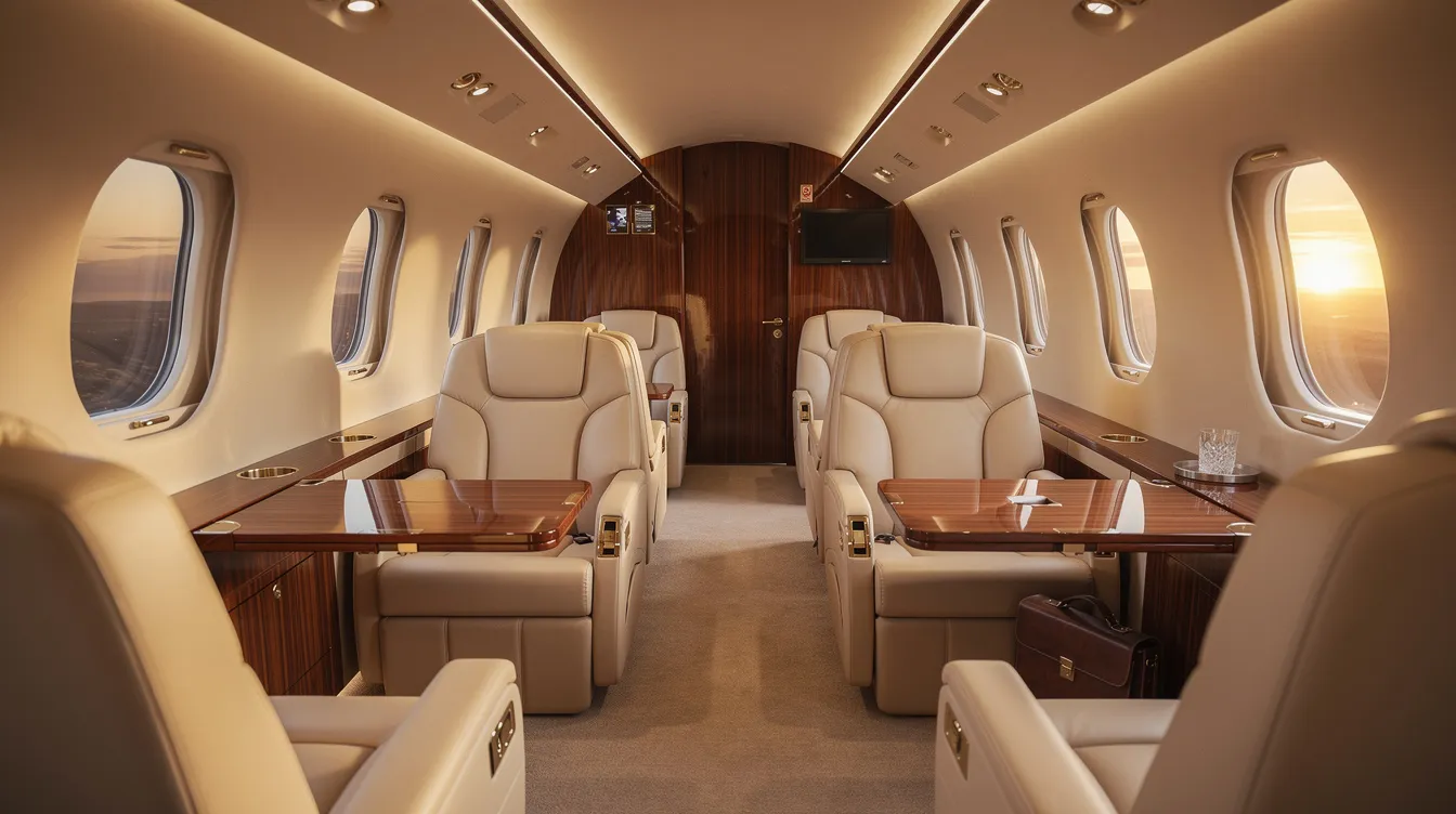 The image depicts the interior of a spacious private jet cabin, featuring luxurious leather seats and warm ambient lighting, ideal for business aviation travelers. This modern design reflects the elegance and comfort associated with executive jets, such as those manufactured by Embraer.