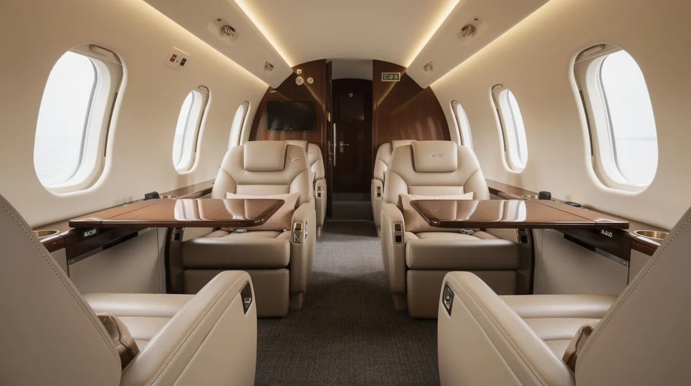 The image depicts a luxurious aircraft cabin interior featuring leather club seating arranged four abreast, elegant wood grain tables, and soft ambient lighting, creating a sophisticated atmosphere typical of the Embraer e jet family. Oversized windows enhance the spacious feel, making it ideal for a premium flying experience in a private jet configuration.