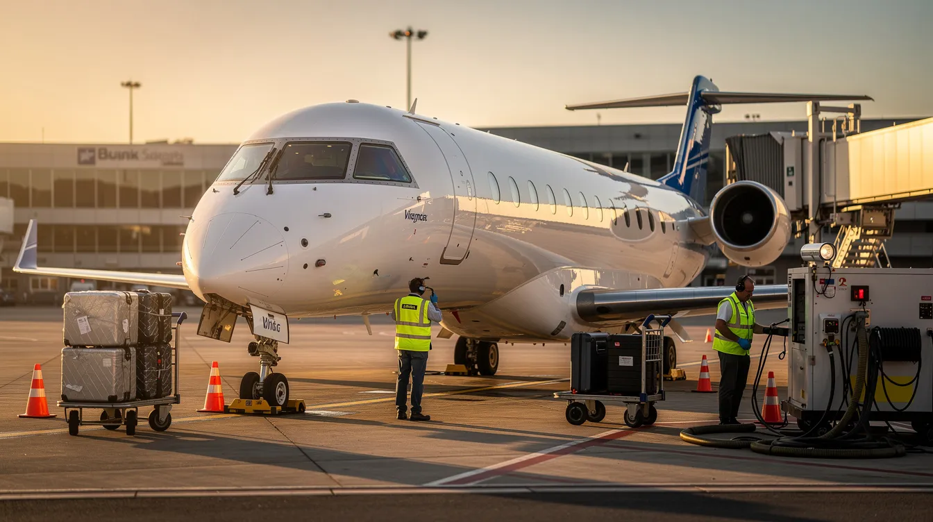 A modern regional jet from the Embraer E Jet family is parked at an airport gate during golden hour, with ground crew preparing for boarding. The aircraft features oversized windows and is known for its fuel-efficient engines, ready to serve passengers on upcoming flights.