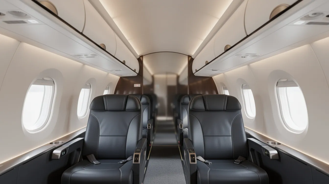 The image depicts the interior of a modern regional jet cabin, featuring plush leather seats arranged in a narrow-body configuration, soft LED lighting, and overhead bins. This setting is typical of United Express flights, providing a comfortable environment for economy class and first class passengers alike.