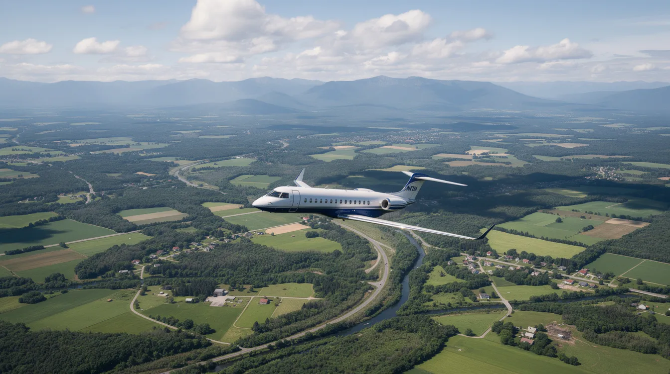 An aerial view captures a small commercial jet, specifically a United Embraer 175, soaring above the lush green American countryside, with majestic mountains visible in the distance. This scene beautifully illustrates the experience of regional flights operated by United Express, offering a glimpse into the serene landscape encountered during short journeys.
