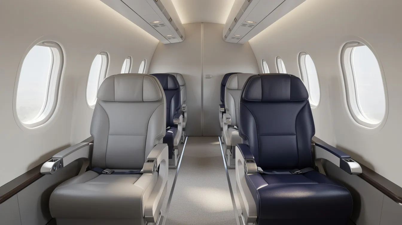 The image depicts the interior of a modern regional jet cabin with a comfortable two-by-two seating arrangement featuring leather seats, ideal for passengers flying with carriers like Republic Airways or United Express. The sleek design and spacious layout enhance the flying experience within the Republic Airways Embraer 175 aircraft.