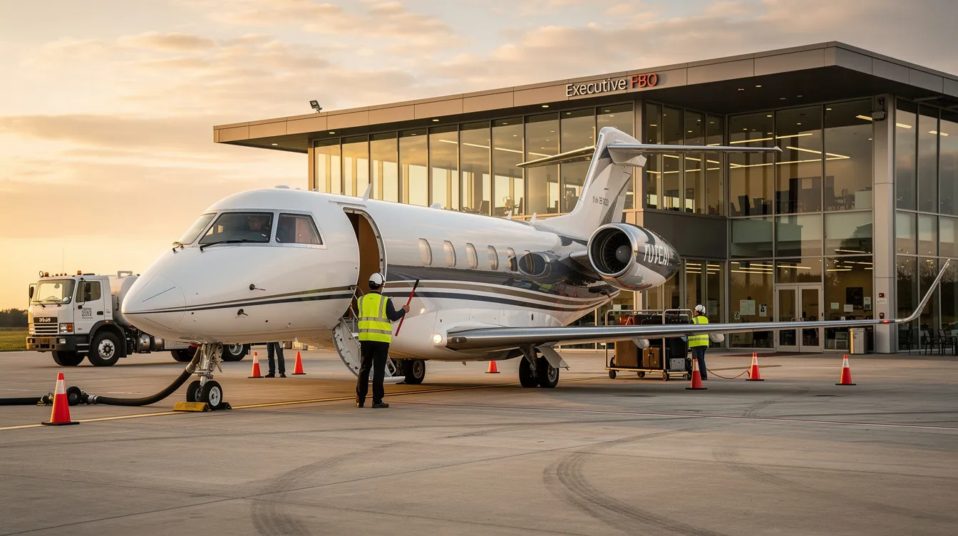 A private jet, likely an Embraer 175 from the Republic Airways fleet, is parked at an FBO terminal with ground crew members preparing for departure. The scene captures the hustle of the aviation industry as the crew conducts final checks and operations before takeoff.
