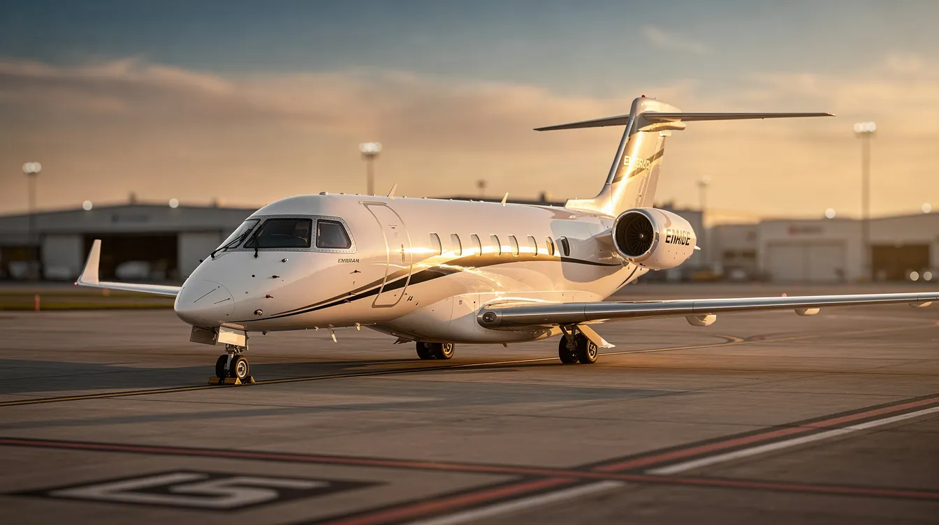 A sleek Embraer private jet is parked on the tarmac, showcasing its modern design and streamlined features, representative of the high standards in executive aviation. This aircraft symbolizes Embraer S.A.'s commitment to quality and innovation in the aerospace industry.