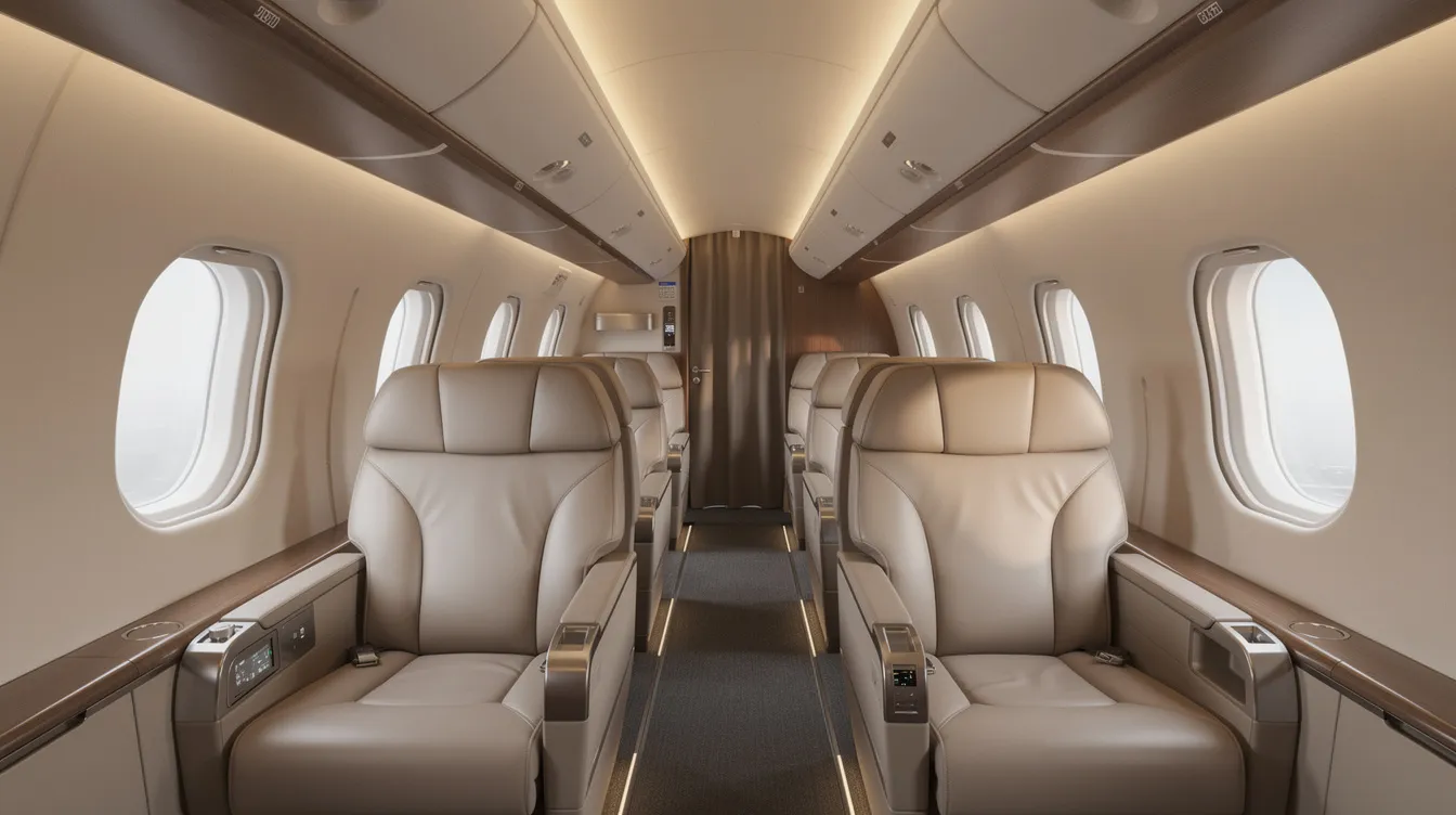 The image depicts the interior of a spacious aircraft cabin featuring wide leather seats arranged in a comfortable two-by-two layout, complemented by soft ambient lighting. This design is characteristic of the Embraer E Jet family, providing an inviting atmosphere for passengers during commercial flights.