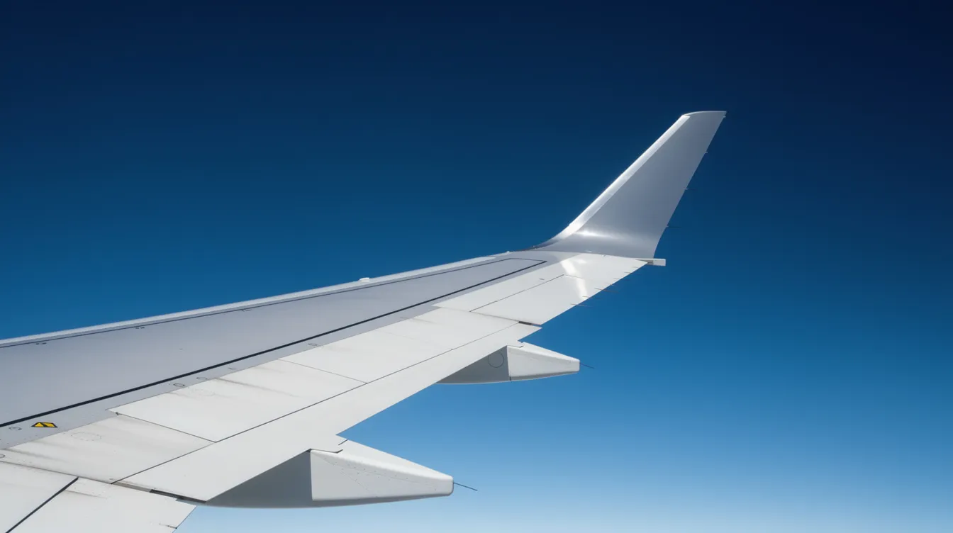 A close-up view of an Embraer E-Jet wing featuring winglets is captured against a clear blue sky, showcasing the aircraft's sleek design and aerodynamic features. The image highlights the long wing and wing tips, essential for enhancing performance during commercial flights.