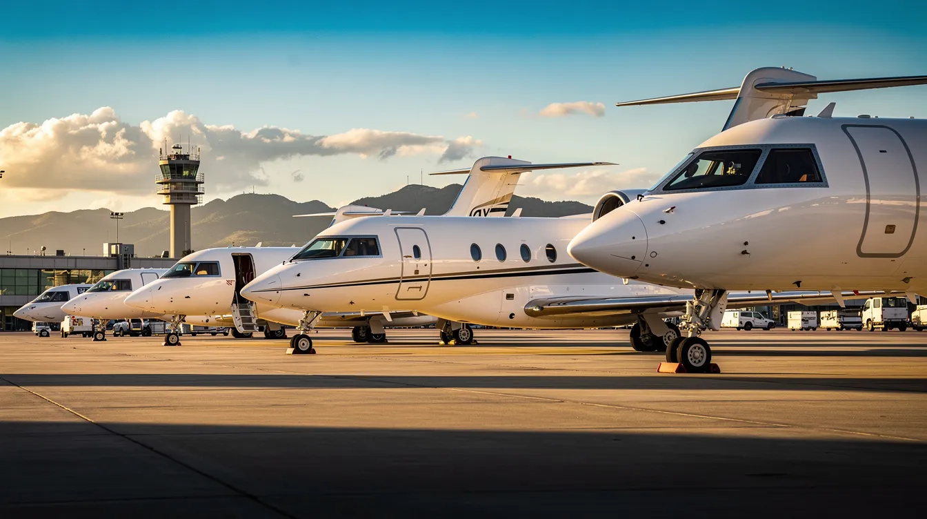 The image features a lineup of sleek private jets parked on a tarmac, set against a vibrant sky, highlighting the luxury of private aviation. This scene represents the world of private jet travel, showcasing various aircraft types ready for discerning travelers to arrange flights with competitive pricing and guaranteed availability.