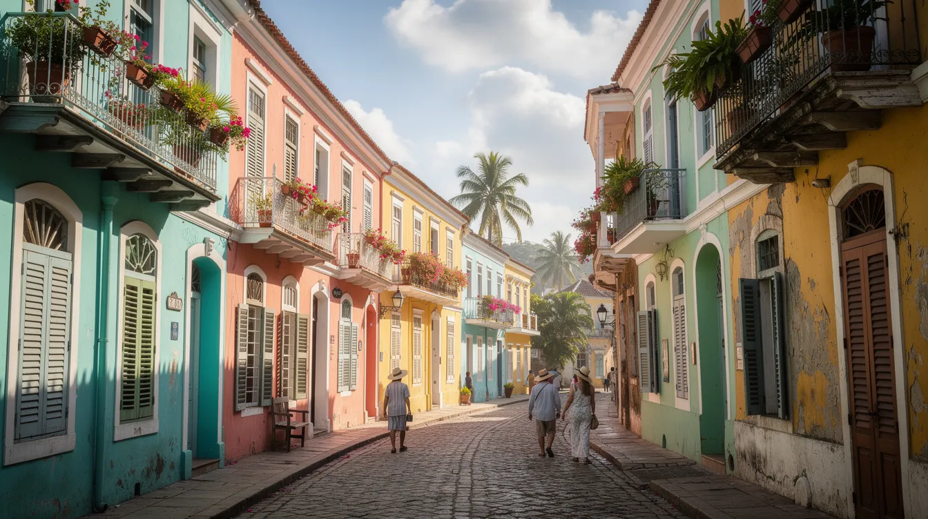 The image depicts a charming Caribbean city characterized by colonial architecture, featuring vibrant, colorful buildings lining a cobblestone street. This picturesque scene invites travelers to explore the beauty of Colombia, a destination that can be conveniently reached with private jet charter services.
