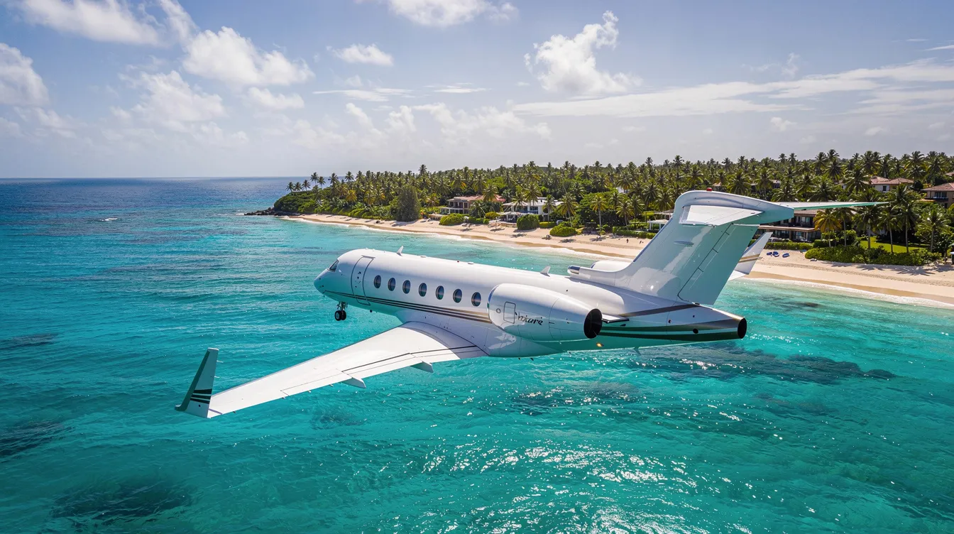 An aerial view showcases a sleek private jet flying over the stunning turquoise waters of the Caribbean, with a lush tropical coastline in the background, highlighting the appeal of private jet charter flights to Colombia for luxury travelers. This scene captures the essence of private aviation and the allure of tropical destinations, perfect for those considering their next luxury vacation.