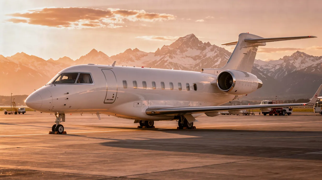 A sleek private jet is parked on the airport tarmac during golden hour, with majestic mountains rising in the background. This luxurious aircraft is ready for private jet charter flights to popular destinations like Colombia, making it an ideal choice for travelers seeking comfort and convenience.