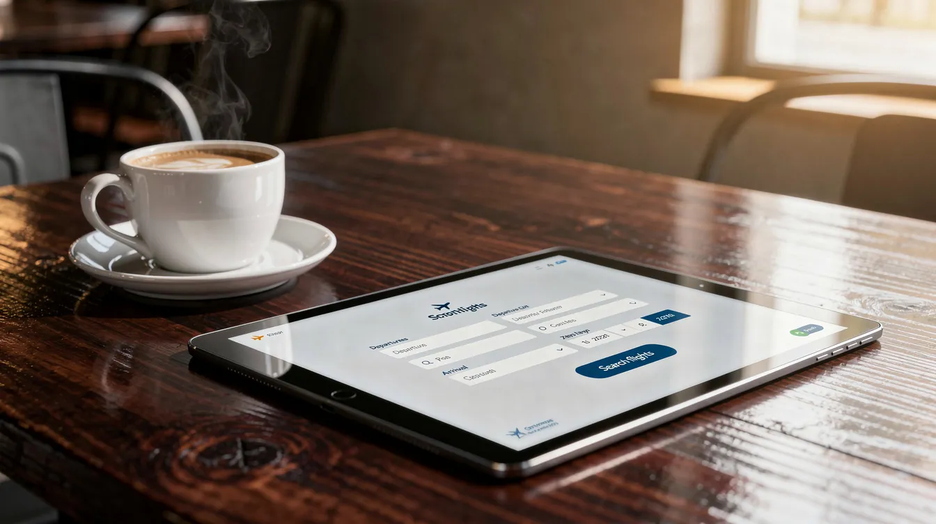 A modern tablet displaying a flight booking interface sits next to a coffee cup on a polished wood table, suggesting a comfortable environment for planning private jet travel. The interface likely includes options for private jet charter services and pricing, highlighting the convenience of booking charter flights.