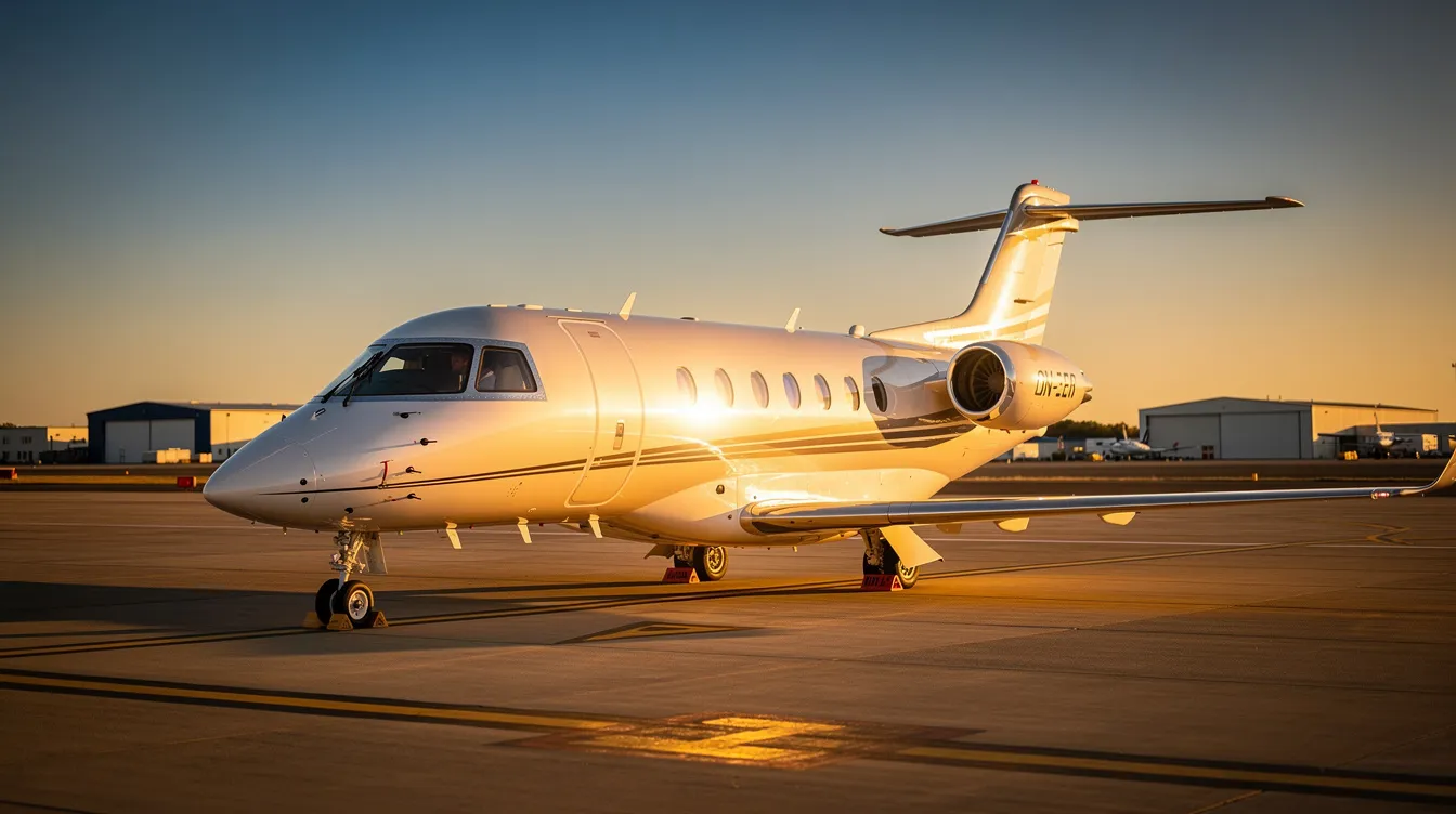 A sleek modern light jet is parked on a private airport tarmac during golden hour, with a clear blue sky in the background. This image captures the essence of private jet travel, highlighting the luxury and convenience of private aviation.
