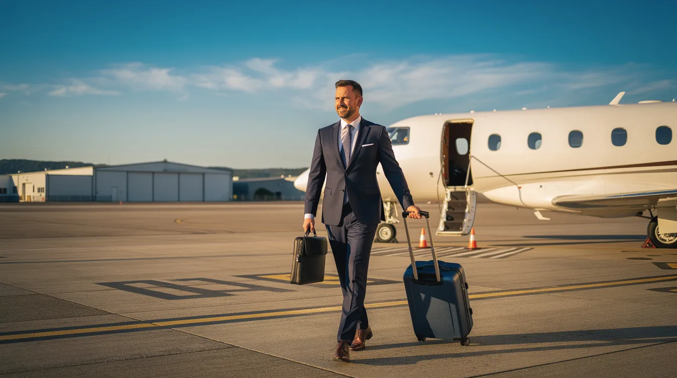 An executive is seen walking across the tarmac of a small regional airport on a clear day, heading towards a waiting light jet, symbolizing the convenience of private jet travel. This scene captures the essence of private aviation, highlighting the accessibility and luxury of private jet charter services for travelers seeking efficient and comfortable flight options.