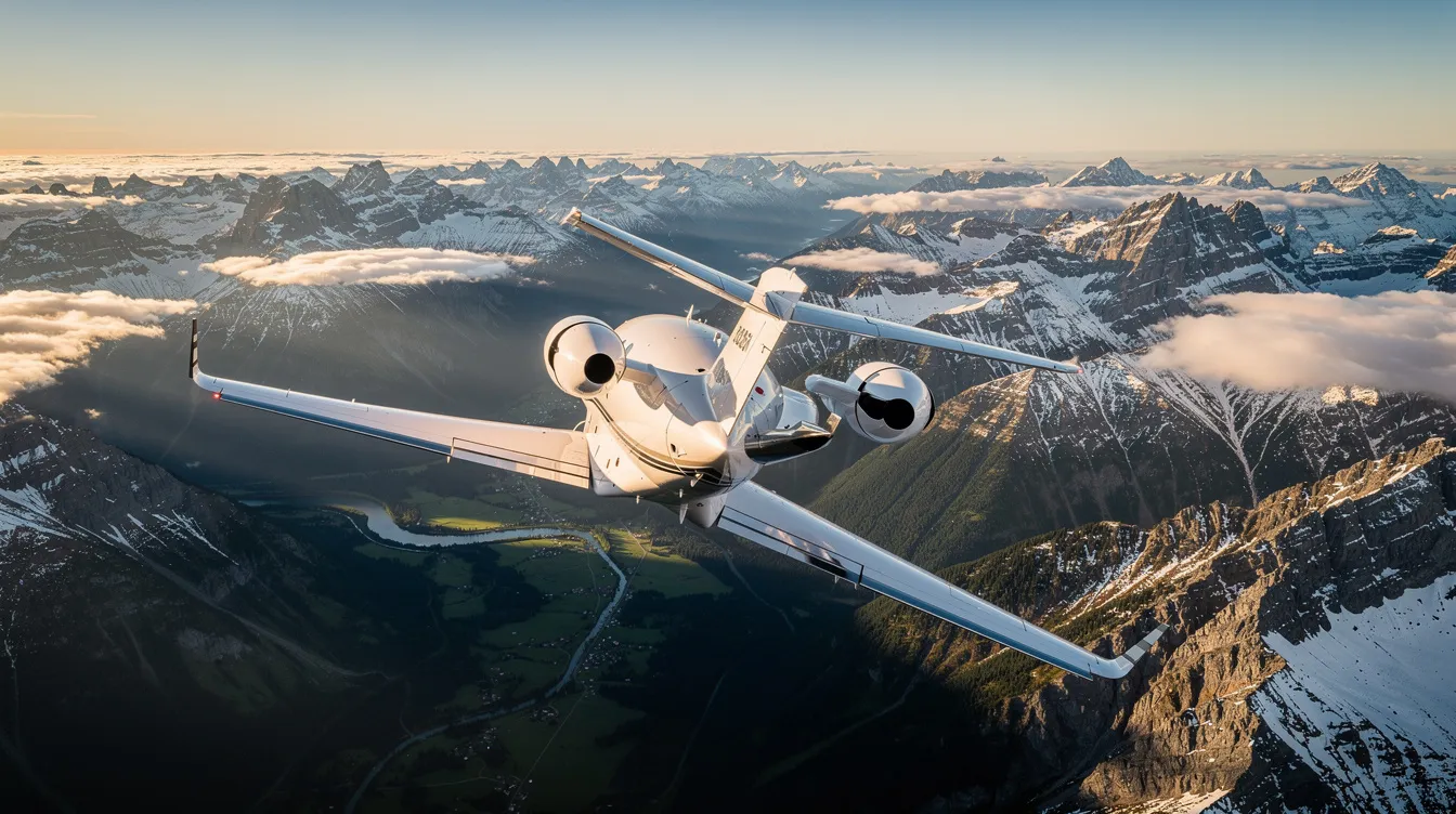 An aerial view captures a sleek private light jet soaring above majestic snow-capped mountain peaks, with a picturesque valley sprawling below. This scene highlights the allure of private jet travel and the stunning landscapes accessible through private jet charter flights.