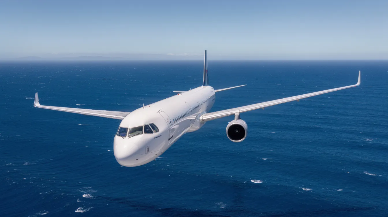 A narrow-body Airbus A321neo aircraft is flying over the vast Atlantic Ocean, showcasing a clear blue sky above and deep blue water below. This fuel-efficient plane, designed for transatlantic routes, features a modern cabin layout that enhances passenger comfort.