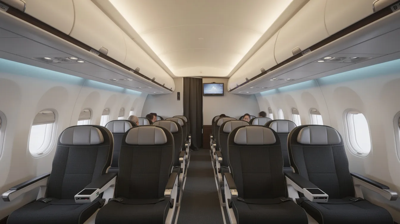 The image depicts a modern aircraft cabin interior featuring soft ambient lighting, spacious aisle seats, and wide overhead bins, designed for maximum cabin comfort. The layout showcases comfortable seating rows, ideal for passengers on long-range flights, emphasizing the aircraft's fuel efficiency and extended range capabilities.