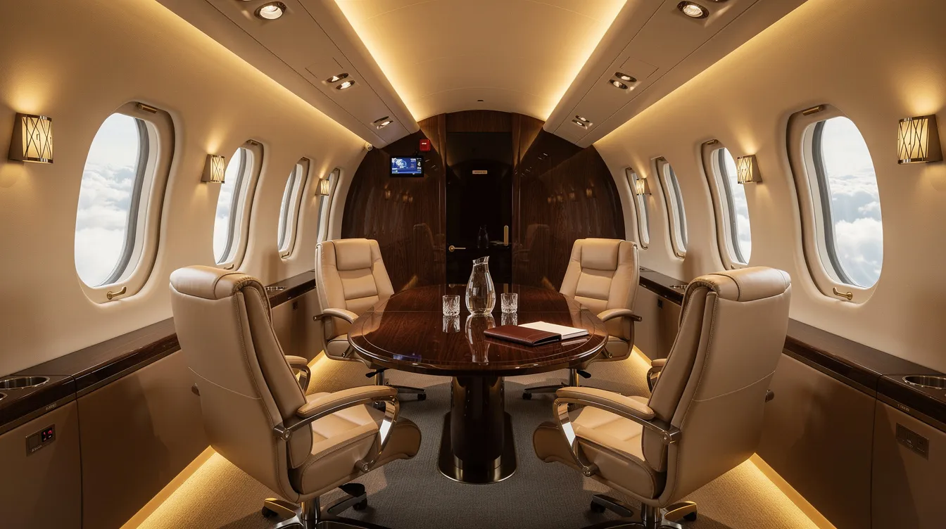 The image depicts a luxurious private jet interior featuring plush leather seating arranged around a small meeting table, complemented by warm cabin lighting that enhances the sense of comfort and elegance. This sophisticated space is designed for both business and leisure, offering a serene environment for passengers to relax or conduct meetings during their flight.