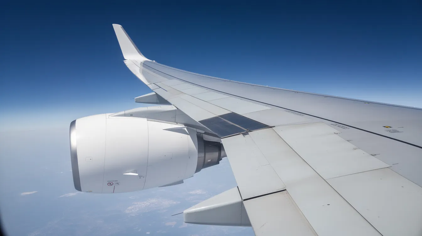 A close-up photograph captures the wing of a modern commercial aircraft, specifically the Airbus A380-800, showcasing its engine nacelle, curved wing design, and winglet against a clear blue sky. This image highlights the aircraft's advanced fuel efficiency and aerodynamic features, typical of large aircraft in commercial service.