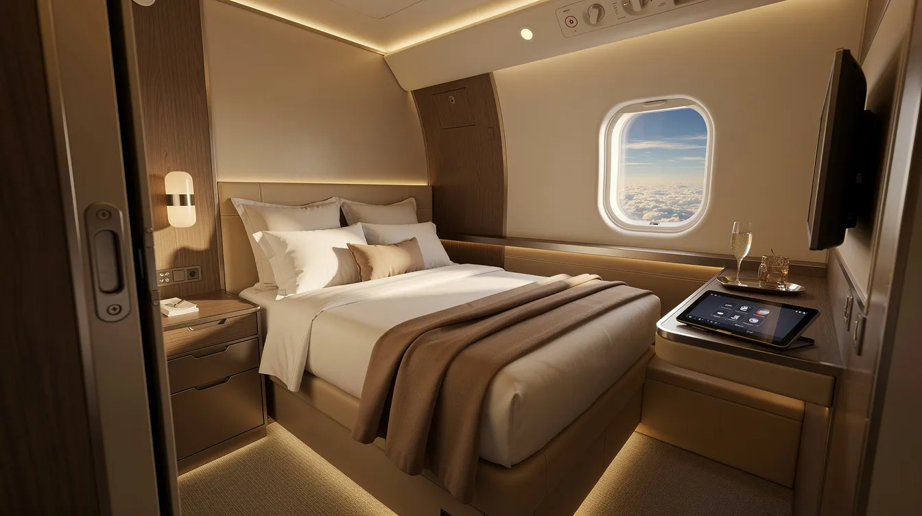 The image depicts the interior of a luxurious airline suite aboard an Airbus A380 800, featuring warm lighting, a wide flat bed, and elegant furnishings, all visible through a partially open suite door, emphasizing the premium comfort of first class travel. The spacious design highlights the aircraft's commitment to passenger comfort and personal space at altitude.