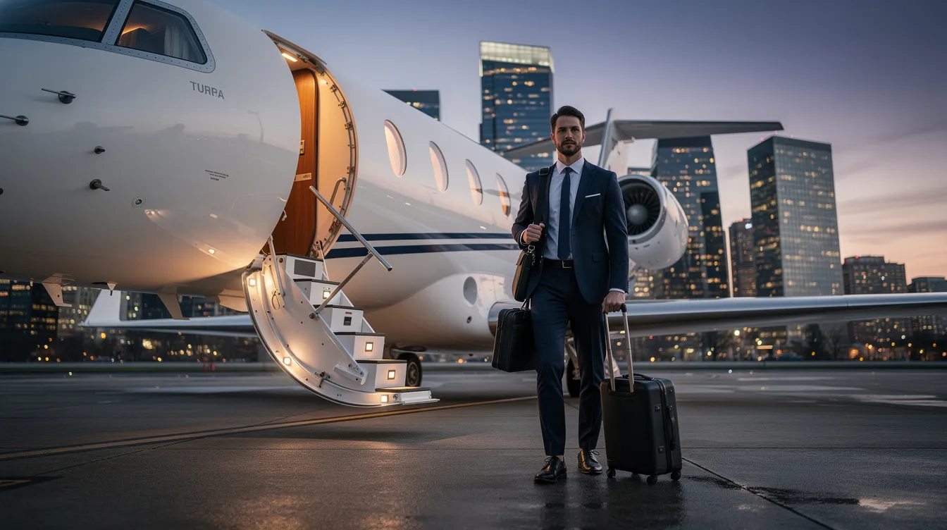 A well-dressed business traveler is stepping onto a private jet via air stairs, with a stunning city skyline illuminated at dusk in the background. The scene captures the elegance of luxury travel, reminiscent of the comfort and spaciousness found in first or business class on large aircraft like the Airbus A380.