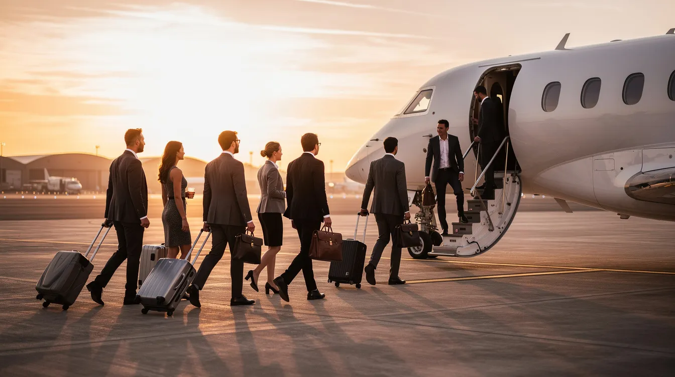 A group of business professionals is boarding a large white Airbus A321 aircraft on a private tarmac during sunset, with the warm glow illuminating the scene. The airplane, known for its fuel-efficient engines and spacious interior, stands ready to accommodate passengers for their flight.