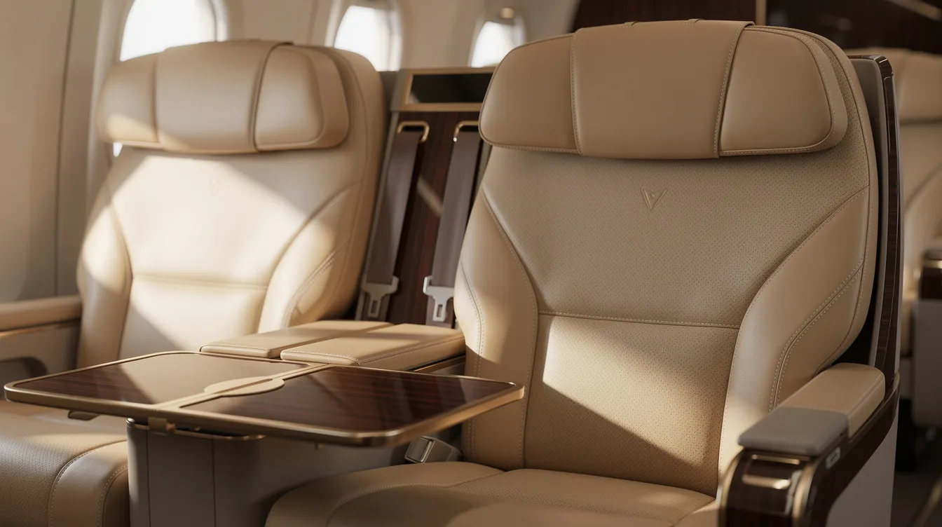 The image features a close-up of premium beige leather airplane seats in an Airbus A321, complemented by elegant wood-grain tray tables and soft overhead lighting, creating a luxurious and inviting interior for passengers. The design emphasizes comfort and style, ideal for a pleasant flight experience.