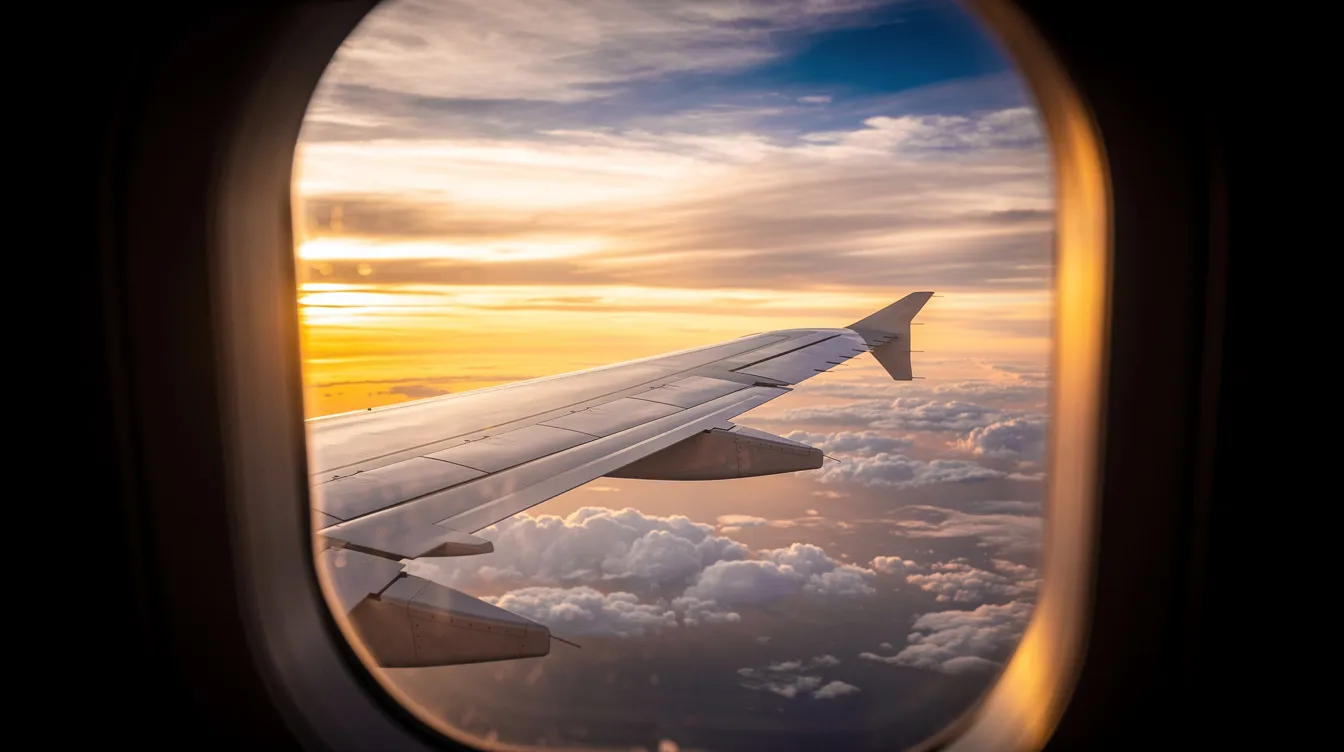 The image shows a view from a window seat on an airplane, capturing the wing against a backdrop of a cloudy sky illuminated by the warm colors of sunset. This serene scene highlights the beauty of flying, as passengers enjoy the changing light from their seats.