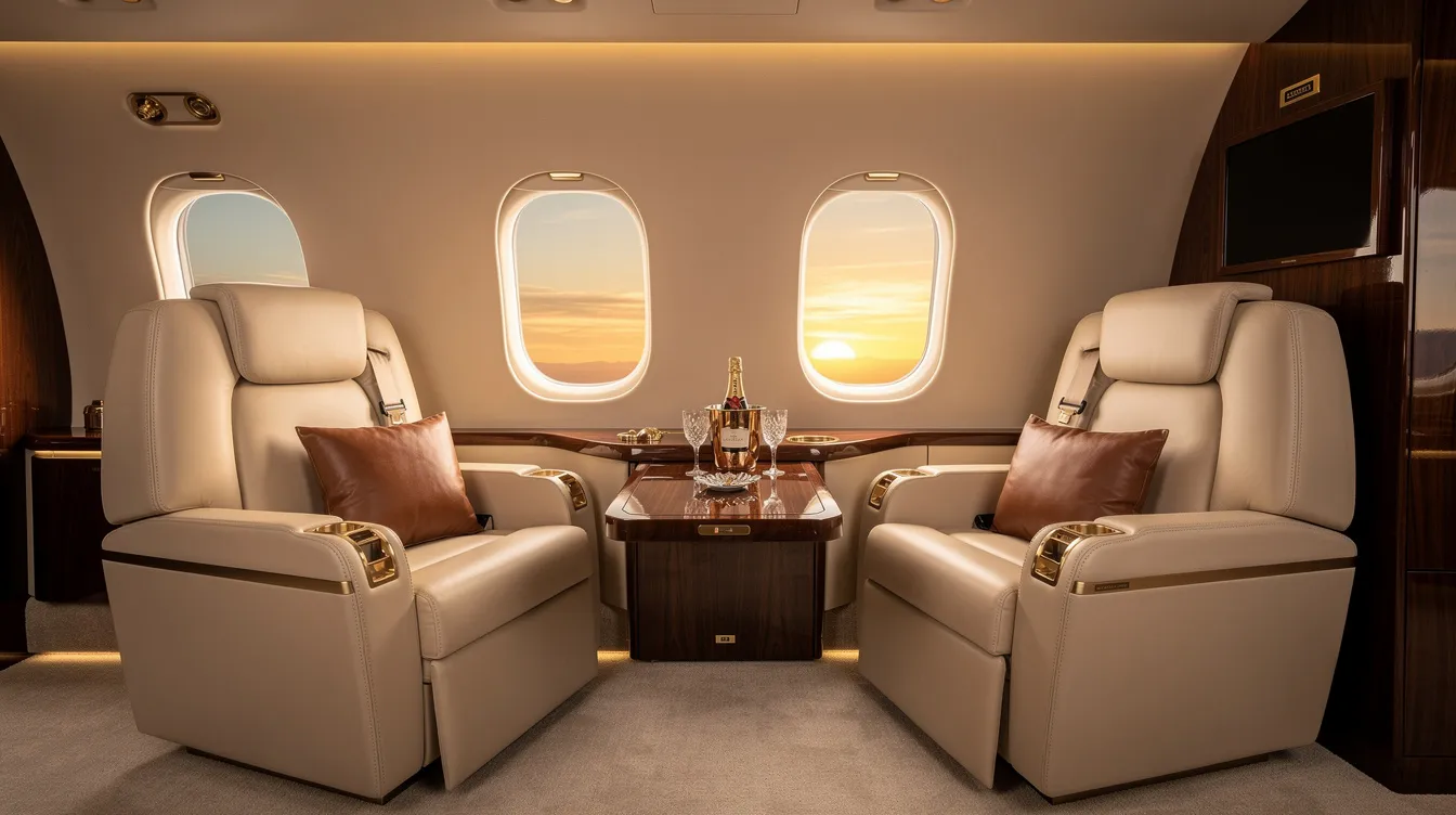 The image depicts a luxurious private jet cabin interior featuring cream leather club seats arranged in a four-across layout, complemented by warm ambient lighting. The inviting atmosphere is designed for comfort, making it ideal for passengers seeking a premium flying experience in the business class cabin.
