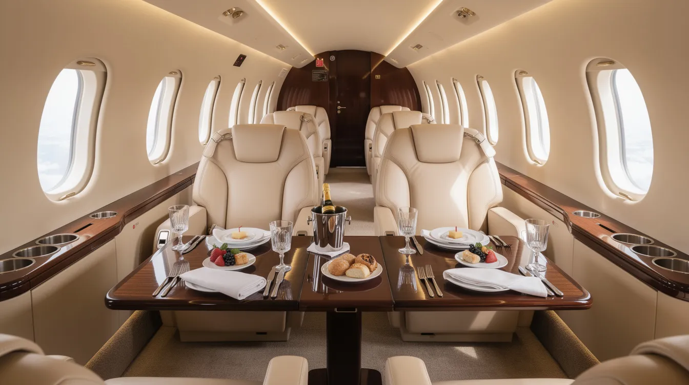 The image depicts a luxurious private jet cabin featuring cream leather first class seats arranged around a small table set with refreshments, creating an elegant and comfortable atmosphere for passengers. The cabin is designed for a premium flying experience, showcasing spacious seating and high-end amenities.