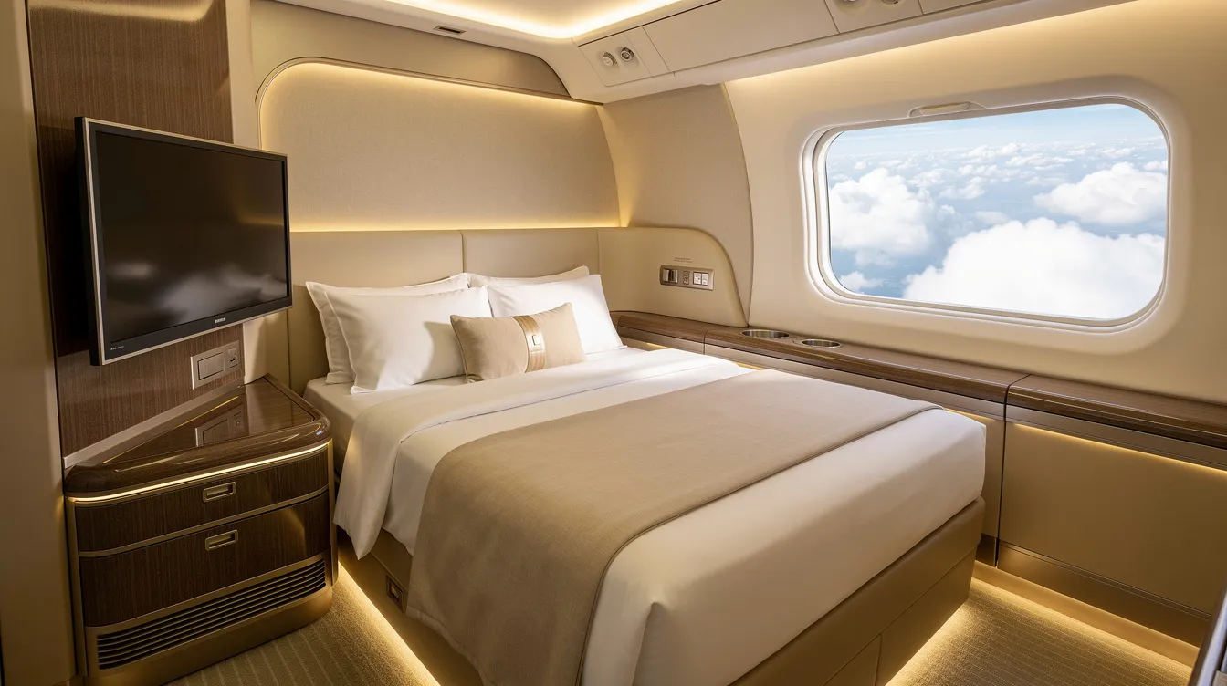 The image depicts a luxurious first class airline suite featuring a wide lie-flat bed, soft ambient lighting, and a large window revealing fluffy clouds outside, emphasizing passenger comfort and a premium travel experience. This spacious setting contrasts sharply with standard economy class seats, offering an unparalleled level of relaxation for long haul flights.