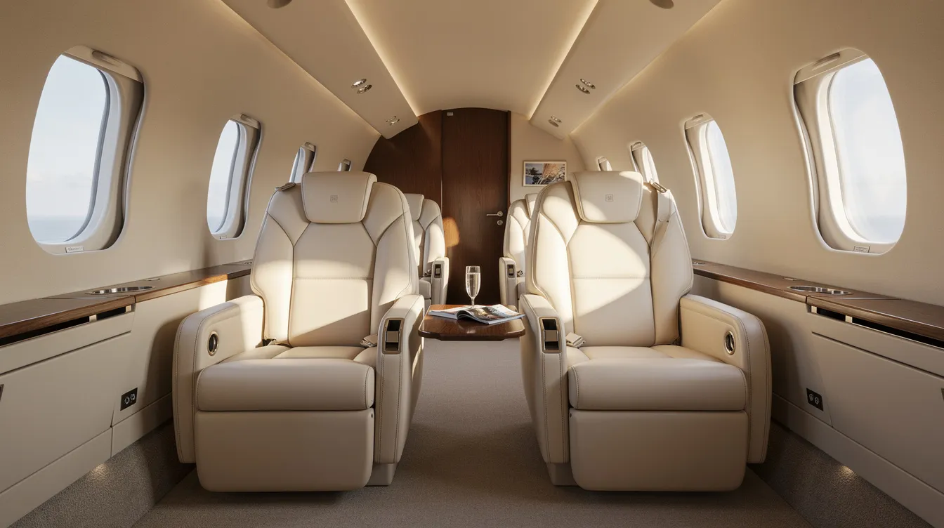 The image shows the interior of a private jet featuring wide leather club seats arranged to face each other, allowing for an intimate seating arrangement. Natural light floods in through oval windows, enhancing the spacious feel of the aircraft, which is designed for maximum passenger comfort.
