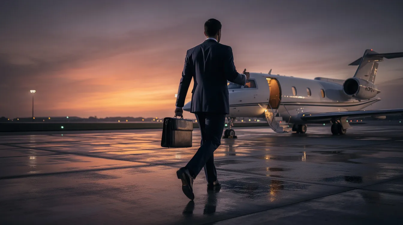 A business executive confidently walks across the private terminal tarmac towards a waiting private jet at dusk, with the soft glow of the setting sun illuminating the scene. The atmosphere conveys luxury and exclusivity, typical of business travel, as the executive prepares for a comfortable journey in spacious aircraft seats.