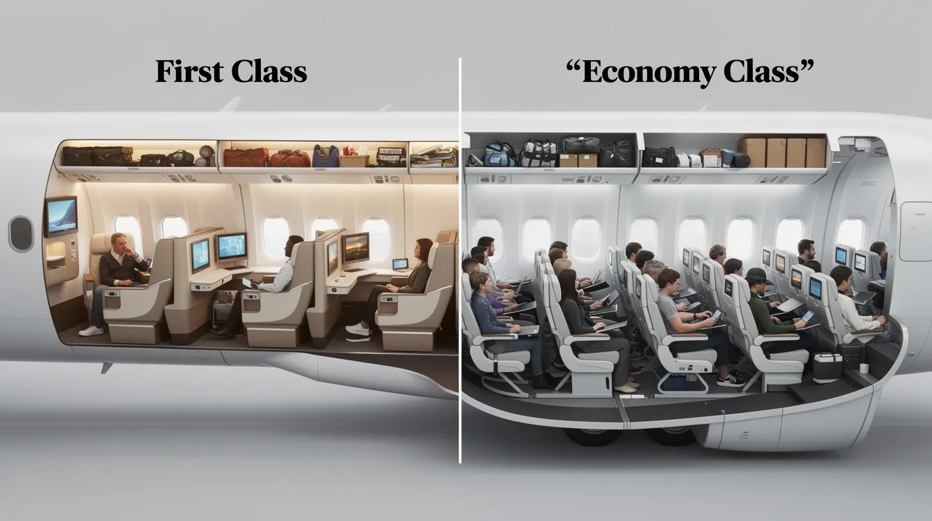 The image depicts a cross-section comparison of a spacious first class cabin and a dense economy cabin on a widebody aircraft, highlighting the contrast in seat comfort and space. The first class area features wider seats and more legroom, while the economy section shows rows of standard economy class seats with limited space for passengers.